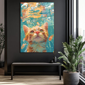 Meraklı Kedi Sualtı Dünyası Cam Tablo | Canlı Renkler - Glazella Meraklı Kedi Sualtı Dünyası Cam Tablo | Canlı Renkler - Glazella