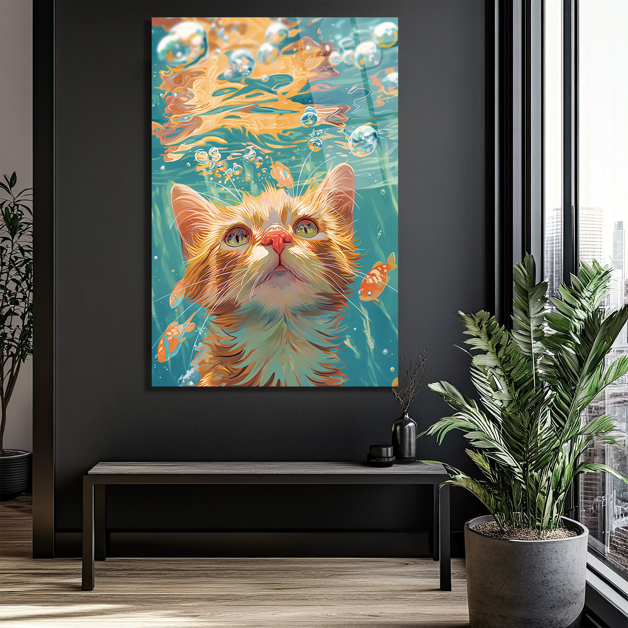Meraklı Kedi Sualtı Dünyası Cam Tablo | Canlı Renkler - Glazella Meraklı Kedi Sualtı Dünyası Cam Tablo | Canlı Renkler - Glazella
