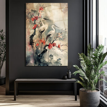 Zen Esintili Balıkçıl Kuşları ve Sakura Çiçekleri Cam Tablo - Glazella