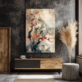 Zen Esintili Balıkçıl Kuşları ve Sakura Çiçekleri Cam Tablo - Glazella