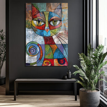 Kübist Kedi Sanatı: Renkli ve Modern Cam Tablo - Glazella Kübist Kedi Sanatı: Renkli ve Modern Cam Tablo - Glazella