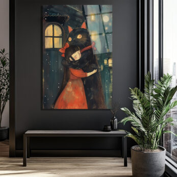 Ay Işığında Sıcacık Kucaklaşma: Kara Kedi ve Kız Cam Tablo - Glazella