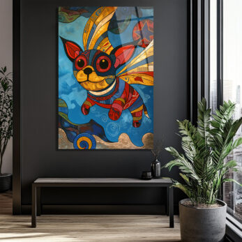 Renkli Kanatlı Köpek Modern Sanat Cam Tablo - Glazella Renkli Kanatlı Köpek Modern Sanat Cam Tablo - Glazella