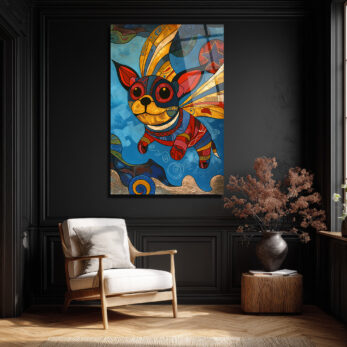 Renkli Kanatlı Köpek Modern Sanat Cam Tablo - Glazella Renkli Kanatlı Köpek Modern Sanat Cam Tablo - Glazella
