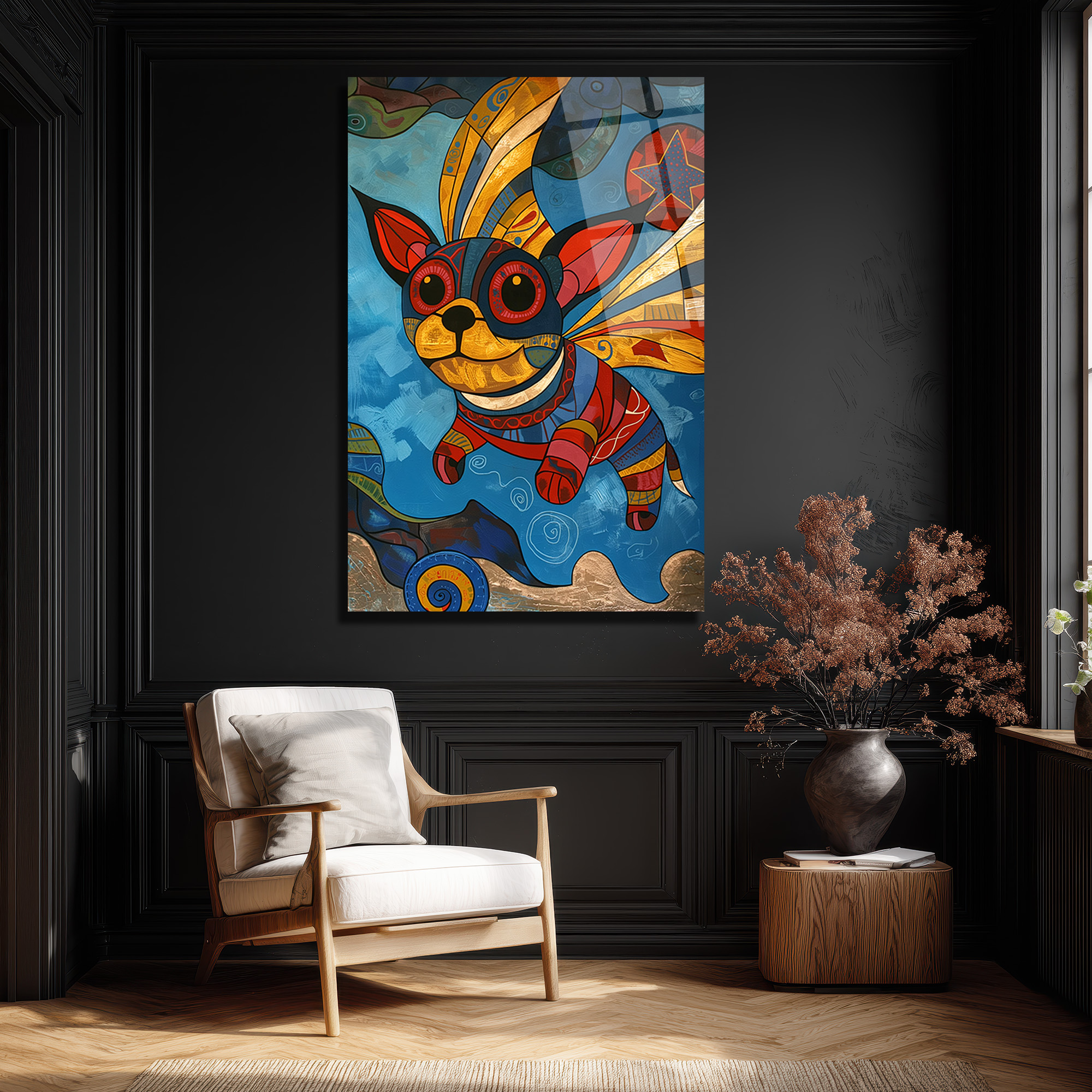 Renkli Kanatlı Köpek Modern Sanat Cam Tablo - Glazella Renkli Kanatlı Köpek Modern Sanat Cam Tablo - Glazella