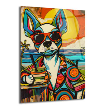Renkli Pop Art Köpek Cam Tablo: Plaj Keyfi ve Modern Sanatın Buluşması - Glazella