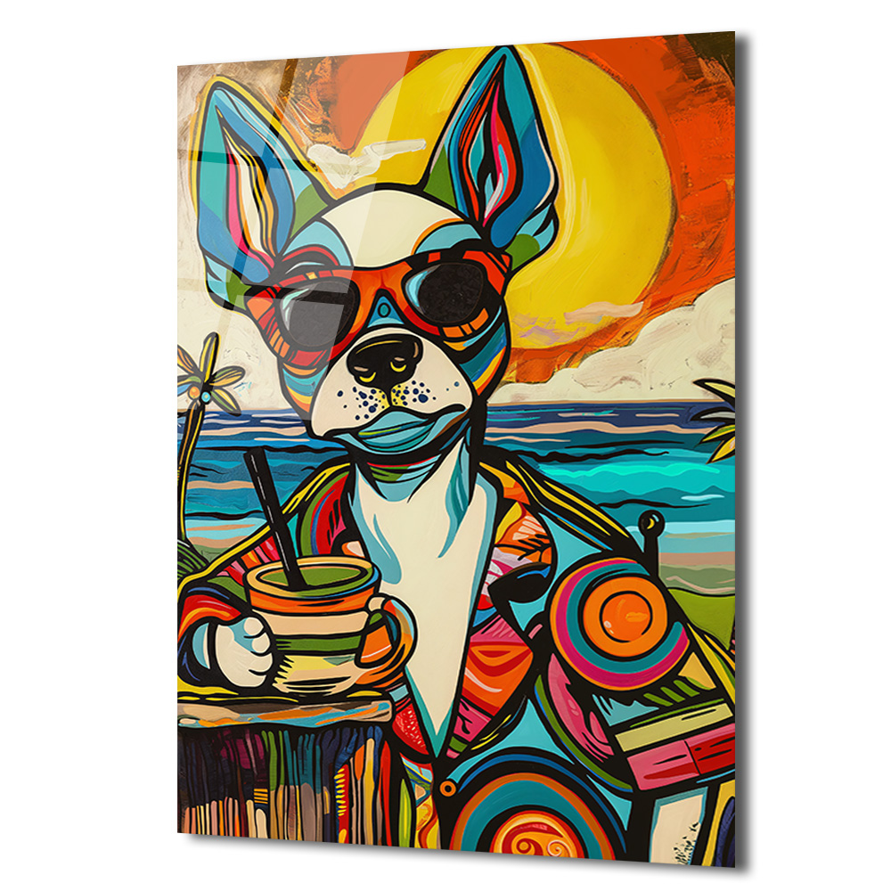 Renkli Pop Art Köpek Cam Tablo: Plaj Keyfi ve Modern Sanatın Buluşması - Glazella Renkli Pop Art Köpek Cam Tablo: Plaj Keyfi ve Modern Sanatın Buluşması - Glazella