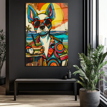Renkli Pop Art Köpek Cam Tablo: Plaj Keyfi ve Modern Sanatın Buluşması - Glazella Renkli Pop Art Köpek Cam Tablo: Plaj Keyfi ve Modern Sanatın Buluşması - Glazella