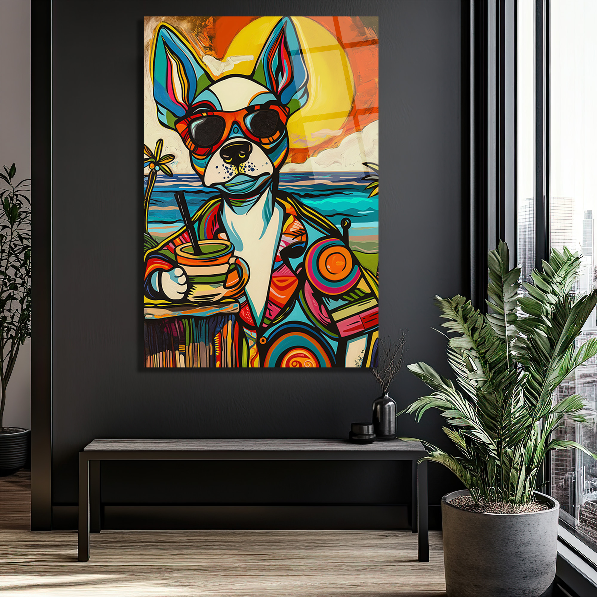Renkli Pop Art Köpek Cam Tablo: Plaj Keyfi ve Modern Sanatın Buluşması - Glazella Renkli Pop Art Köpek Cam Tablo: Plaj Keyfi ve Modern Sanatın Buluşması - Glazella