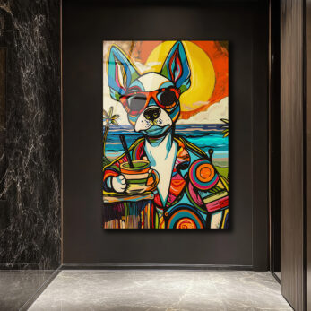 Renkli Pop Art Köpek Cam Tablo: Plaj Keyfi ve Modern Sanatın Buluşması - Glazella Renkli Pop Art Köpek Cam Tablo: Plaj Keyfi ve Modern Sanatın Buluşması - Glazella