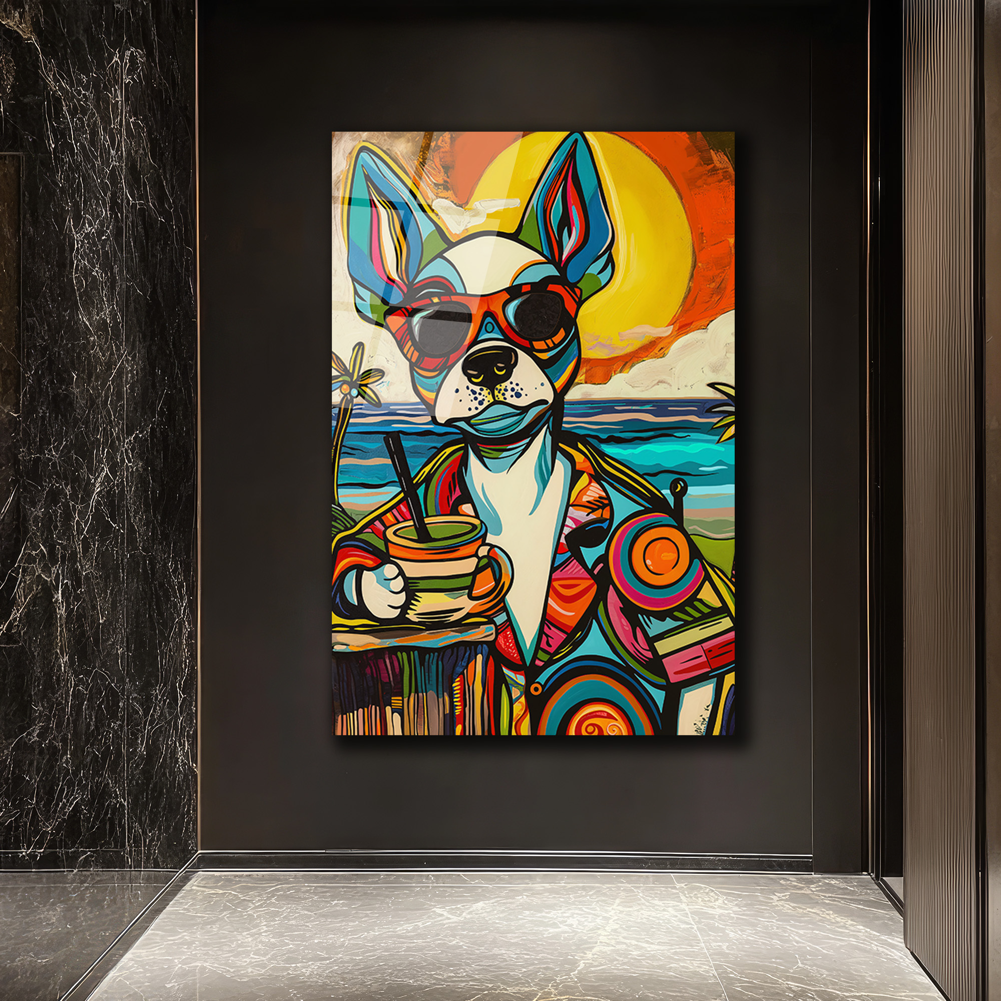Renkli Pop Art Köpek Cam Tablo: Plaj Keyfi ve Modern Sanatın Buluşması - Glazella Renkli Pop Art Köpek Cam Tablo: Plaj Keyfi ve Modern Sanatın Buluşması - Glazella