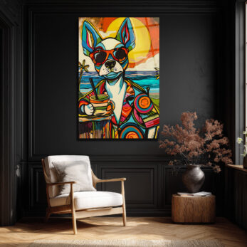 Renkli Pop Art Köpek Cam Tablo: Plaj Keyfi ve Modern Sanatın Buluşması - Glazella Renkli Pop Art Köpek Cam Tablo: Plaj Keyfi ve Modern Sanatın Buluşması - Glazella