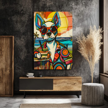 Renkli Pop Art Köpek Cam Tablo: Plaj Keyfi ve Modern Sanatın Buluşması - Glazella Renkli Pop Art Köpek Cam Tablo: Plaj Keyfi ve Modern Sanatın Buluşması - Glazella