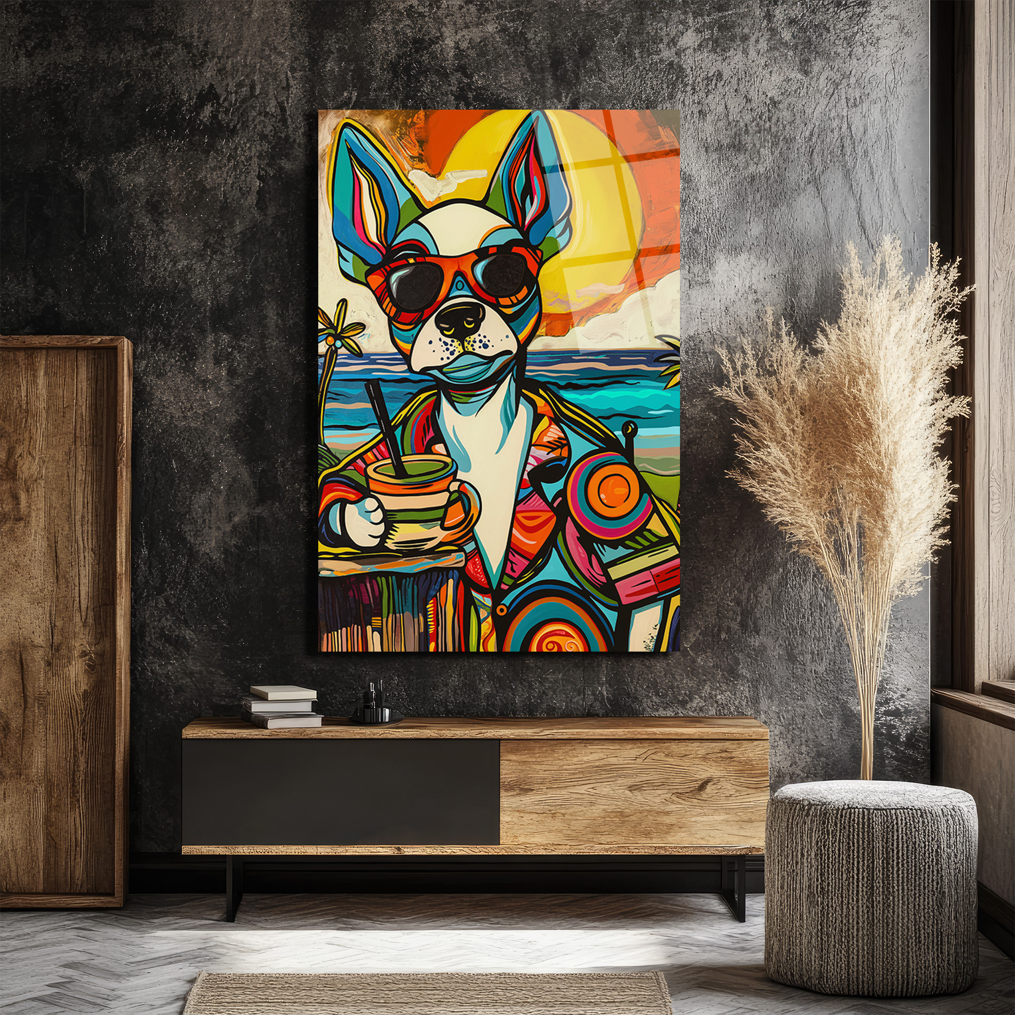 Renkli Pop Art Köpek Cam Tablo: Plaj Keyfi ve Modern Sanatın Buluşması - Glazella Renkli Pop Art Köpek Cam Tablo: Plaj Keyfi ve Modern Sanatın Buluşması - Glazella