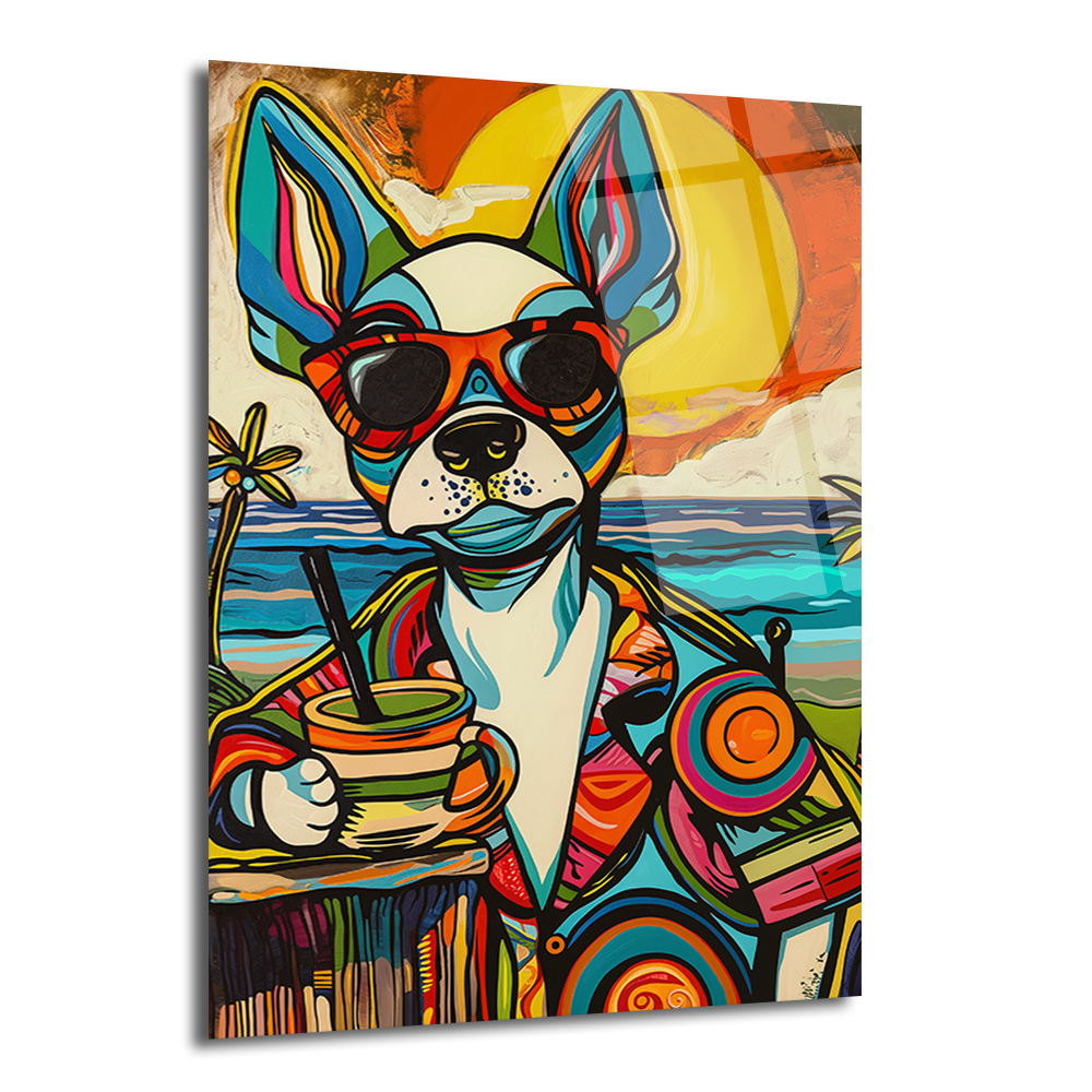 Renkli Pop Art Köpek Cam Tablo: Plaj Keyfi ve Modern Sanatın Buluşması - Glazella Renkli Pop Art Köpek Cam Tablo: Plaj Keyfi ve Modern Sanatın Buluşması - Glazella