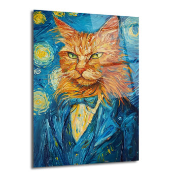 Van Gogh Tarzı Smokinli Kedi Cam Tablo: Sanat ve Asaletin Buluştuğu Eser - Glazella