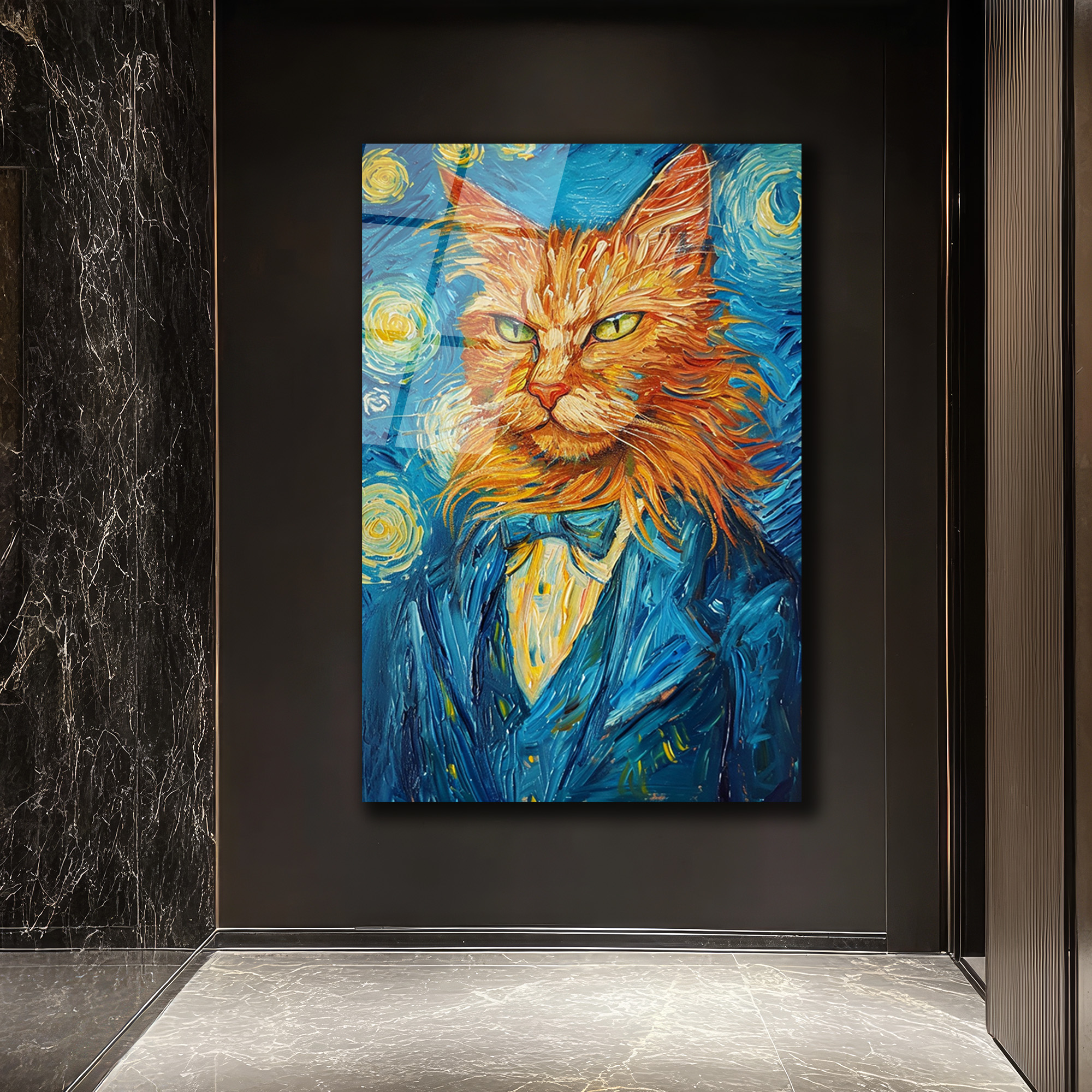 Van Gogh Tarzı Smokinli Kedi Cam Tablo: Sanat ve Asaletin Buluştuğu Eser - Glazella Van Gogh Tarzı Smokinli Kedi Cam Tablo: Sanat ve Asaletin Buluştuğu Eser - Glazella