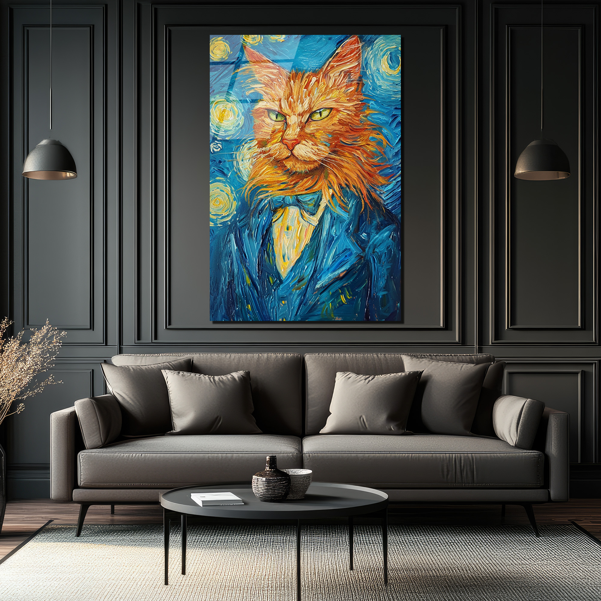 Van Gogh Tarzı Smokinli Kedi Cam Tablo: Sanat ve Asaletin Buluştuğu Eser - Glazella Van Gogh Tarzı Smokinli Kedi Cam Tablo: Sanat ve Asaletin Buluştuğu Eser - Glazella
