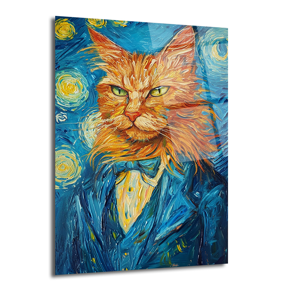 Van Gogh Tarzı Smokinli Kedi Cam Tablo: Sanat ve Asaletin Buluştuğu Eser - Glazella Van Gogh Tarzı Smokinli Kedi Cam Tablo: Sanat ve Asaletin Buluştuğu Eser - Glazella