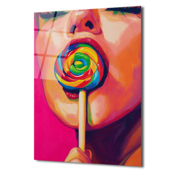 Gökkuşağı Lolipoplu Pop Art Kadın Cam Tablo - Canlı Renklerin Dansı - Glazella