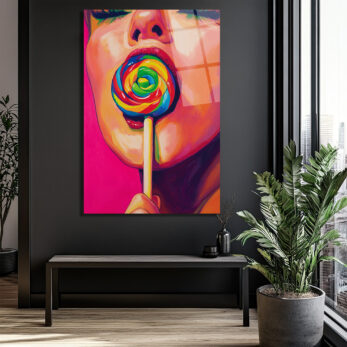 Gökkuşağı Lolipoplu Pop Art Kadın Cam Tablo - Canlı Renklerin Dansı - Glazella