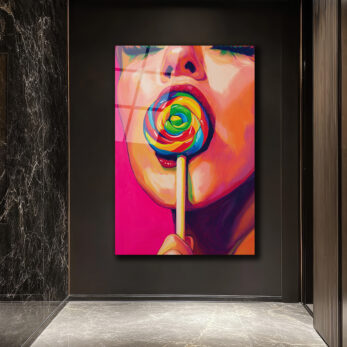 Gökkuşağı Lolipoplu Pop Art Kadın Cam Tablo - Canlı Renklerin Dansı - Glazella