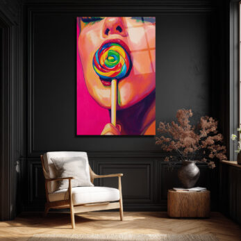 Gökkuşağı Lolipoplu Pop Art Kadın Cam Tablo - Canlı Renklerin Dansı - Glazella