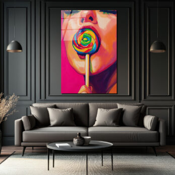 Gökkuşağı Lolipoplu Pop Art Kadın Cam Tablo - Canlı Renklerin Dansı - Glazella