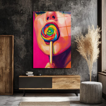 Gökkuşağı Lolipoplu Pop Art Kadın Cam Tablo - Canlı Renklerin Dansı - Glazella