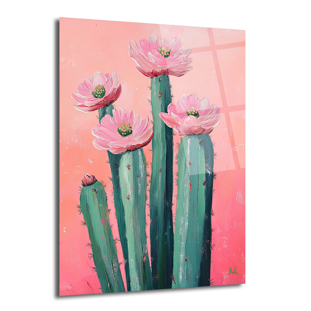 Çiçek Açan Kaktüsler Cam Tablo - Pembe Enerjiyle Modern Sanat - Glazella Çiçek Açan Kaktüsler Cam Tablo - Pembe Enerjiyle Modern Sanat - Glazella
