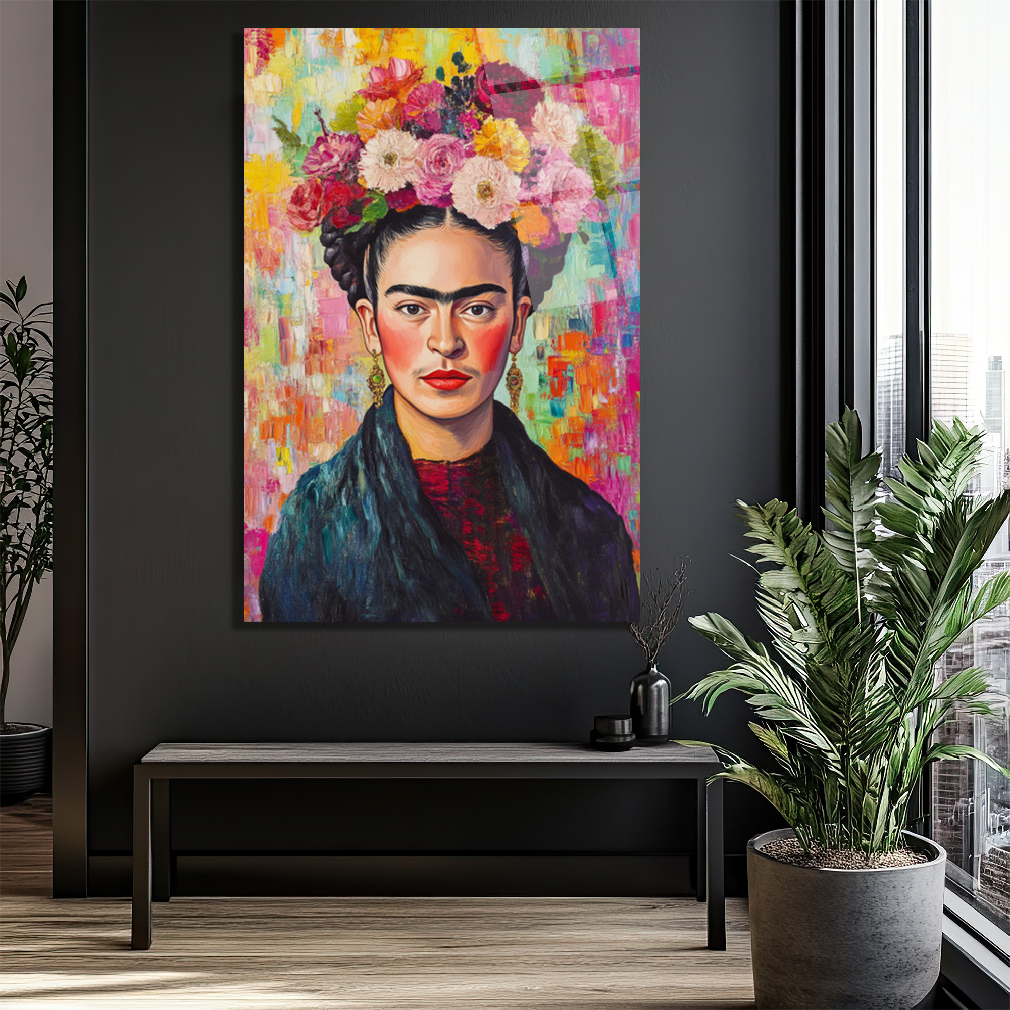 Frida Kahlo Çiçekli Taç Portresi Modern Cam Tablo - Glazella Frida Kahlo Çiçekli Taç Portresi Modern Cam Tablo - Glazella