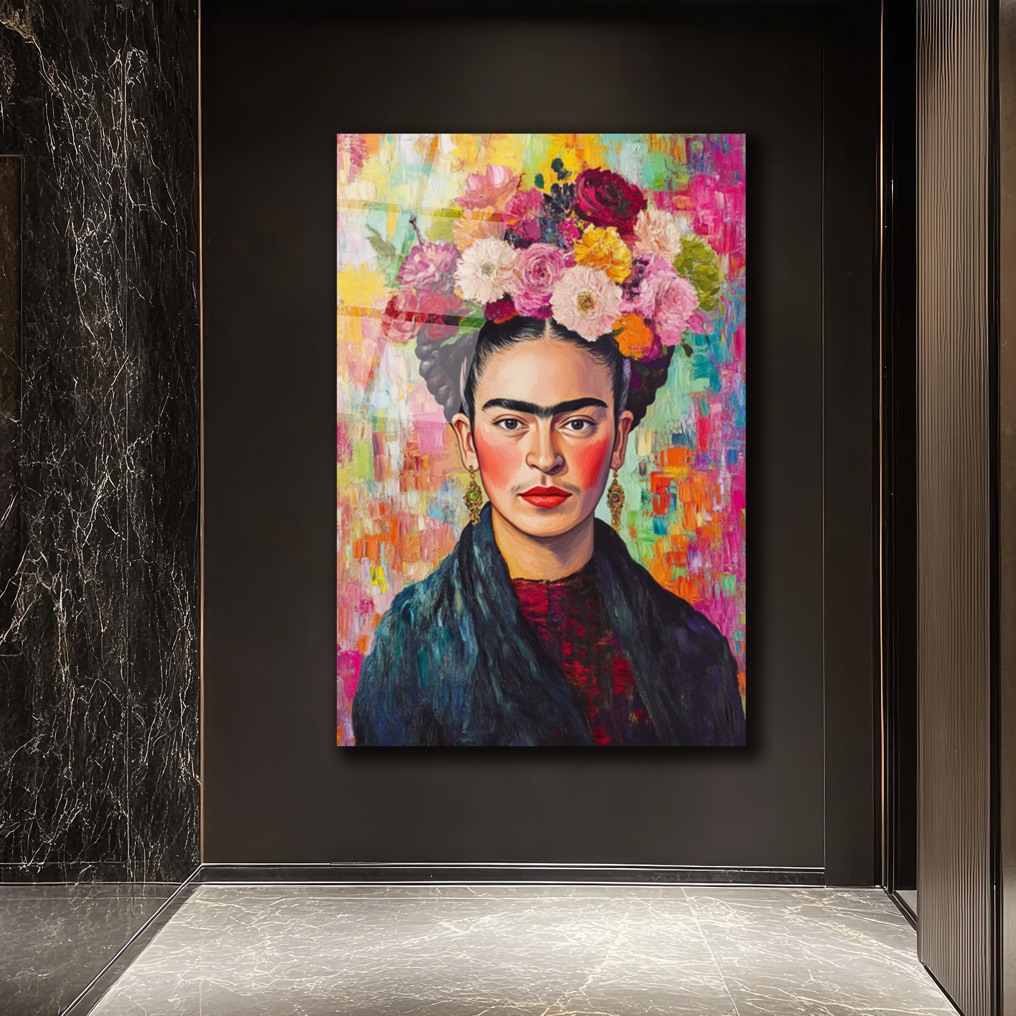Frida Kahlo Çiçekli Taç Portresi Modern Cam Tablo - Glazella Frida Kahlo Çiçekli Taç Portresi Modern Cam Tablo - Glazella