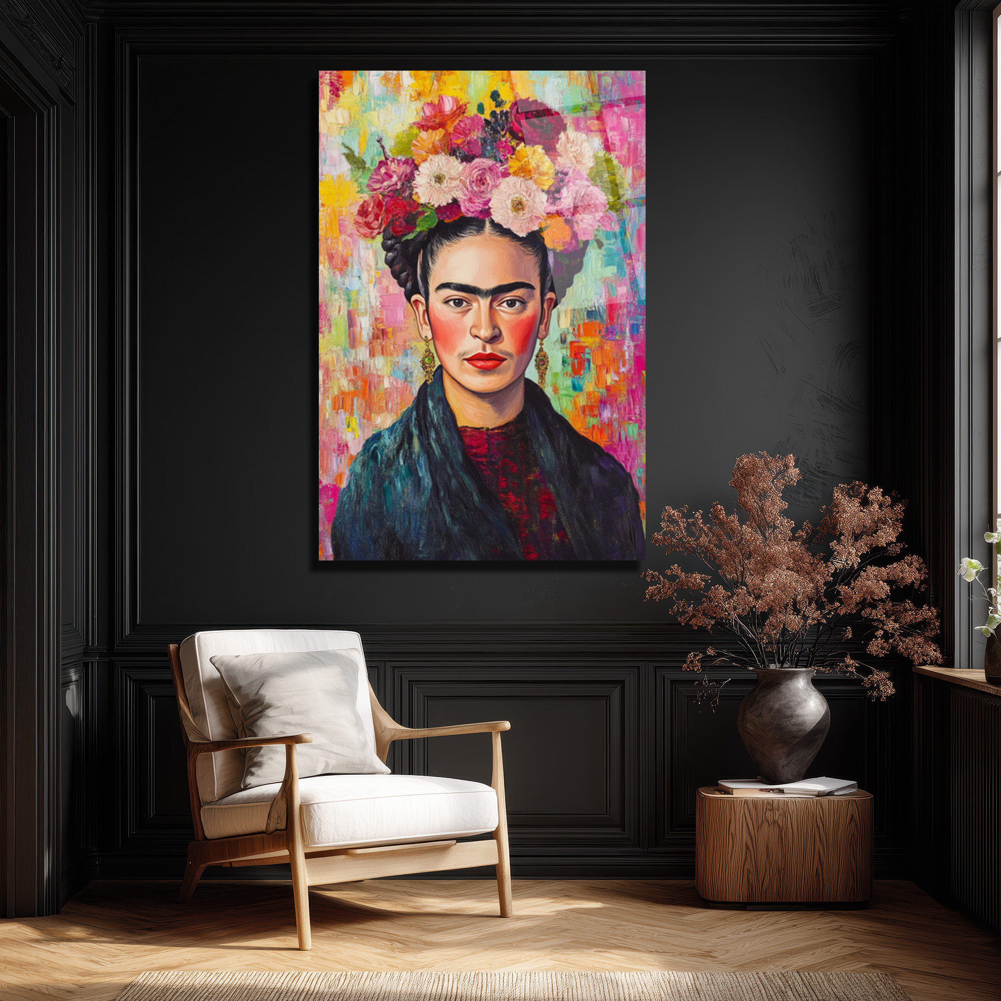 Frida Kahlo Çiçekli Taç Portresi Modern Cam Tablo - Glazella Frida Kahlo Çiçekli Taç Portresi Modern Cam Tablo - Glazella