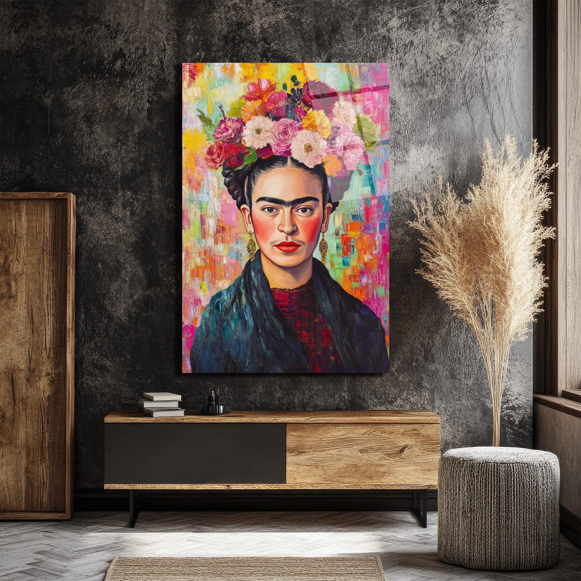 Frida Kahlo Çiçekli Taç Portresi Modern Cam Tablo - Glazella Frida Kahlo Çiçekli Taç Portresi Modern Cam Tablo - Glazella