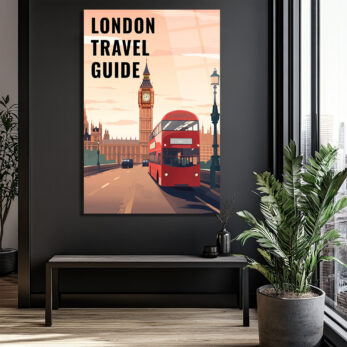 Londra Seyahat Rehberi Temalı Cam Tablo - Big Ben ve Kırmızı Otobüs - Glazella