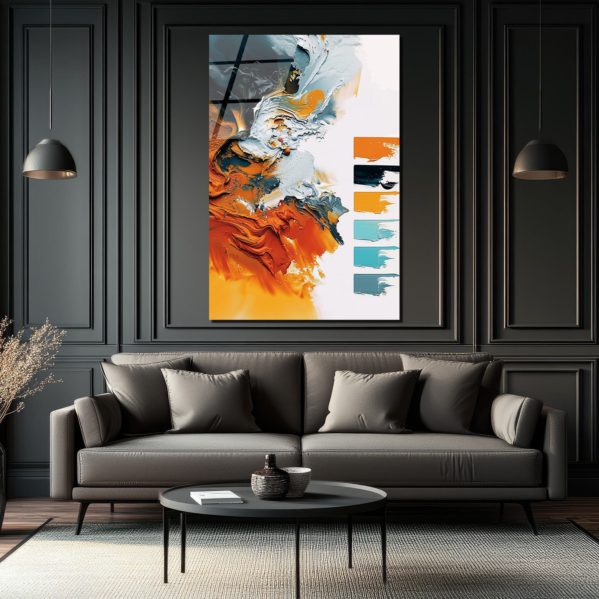 Enerjik Soyut Sanat Turuncu & Gri Modern Cam Tablo - Glazella Enerjik Soyut Sanat Turuncu & Gri Modern Cam Tablo - Glazella