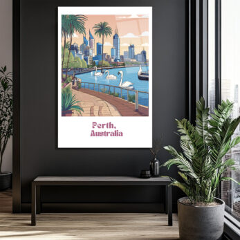 Perth Avustralya Şehir Manzarası Cam Tablo | Kuğu ve Palmiyelerle Modern Sanat - Glazella Perth Avustralya Şehir Manzarası Cam Tablo | Kuğu ve Palmiyelerle Modern Sanat - Glazella