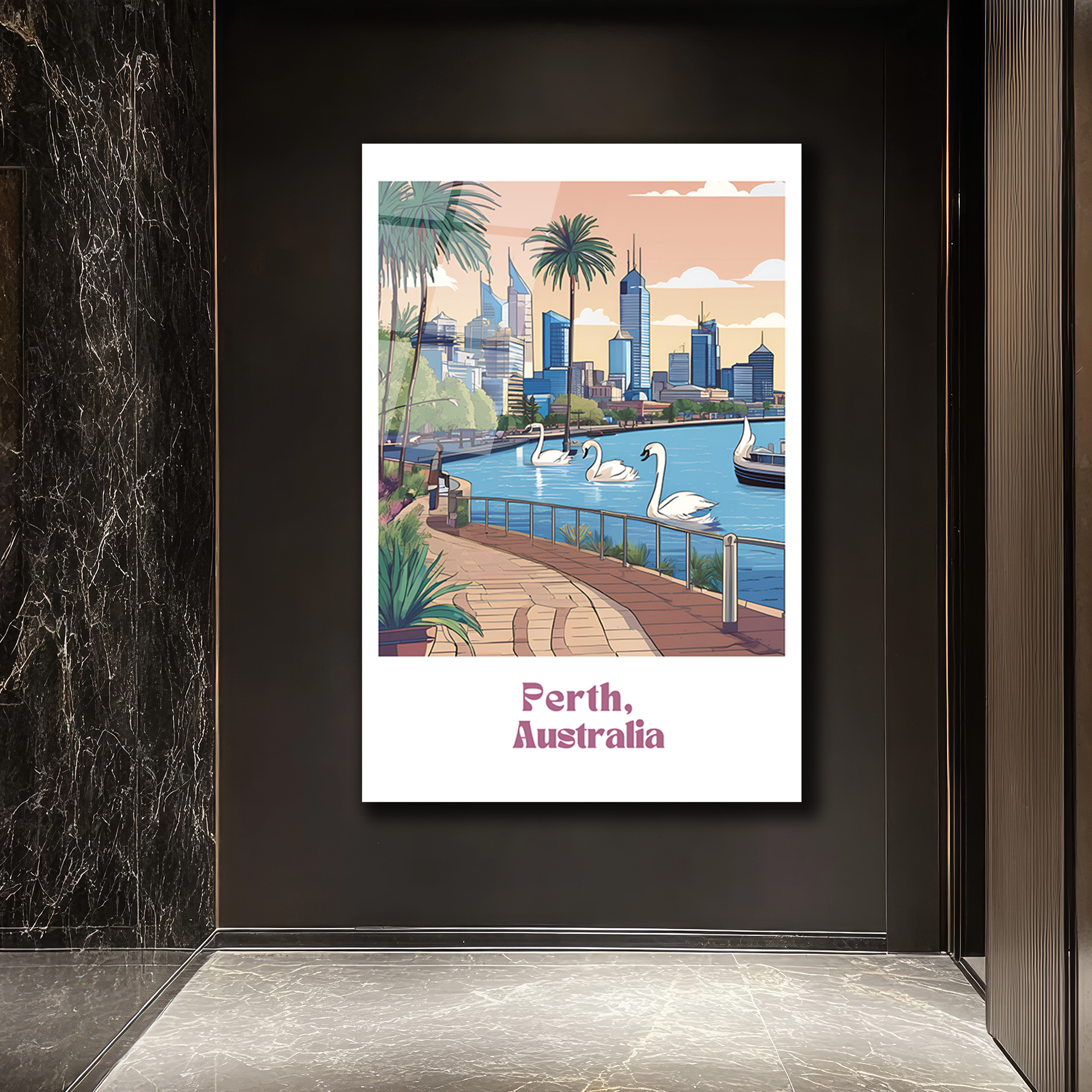 Perth Avustralya Şehir Manzarası Cam Tablo | Kuğu ve Palmiyelerle Modern Sanat - Glazella Perth Avustralya Şehir Manzarası Cam Tablo | Kuğu ve Palmiyelerle Modern Sanat - Glazella