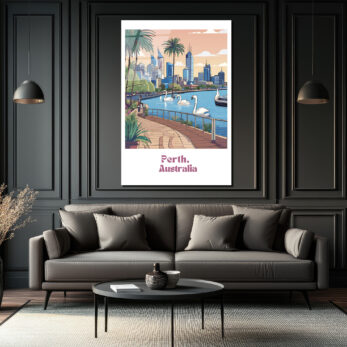 Perth Avustralya Şehir Manzarası Cam Tablo | Kuğu ve Palmiyelerle Modern Sanat - Glazella Perth Avustralya Şehir Manzarası Cam Tablo | Kuğu ve Palmiyelerle Modern Sanat - Glazella