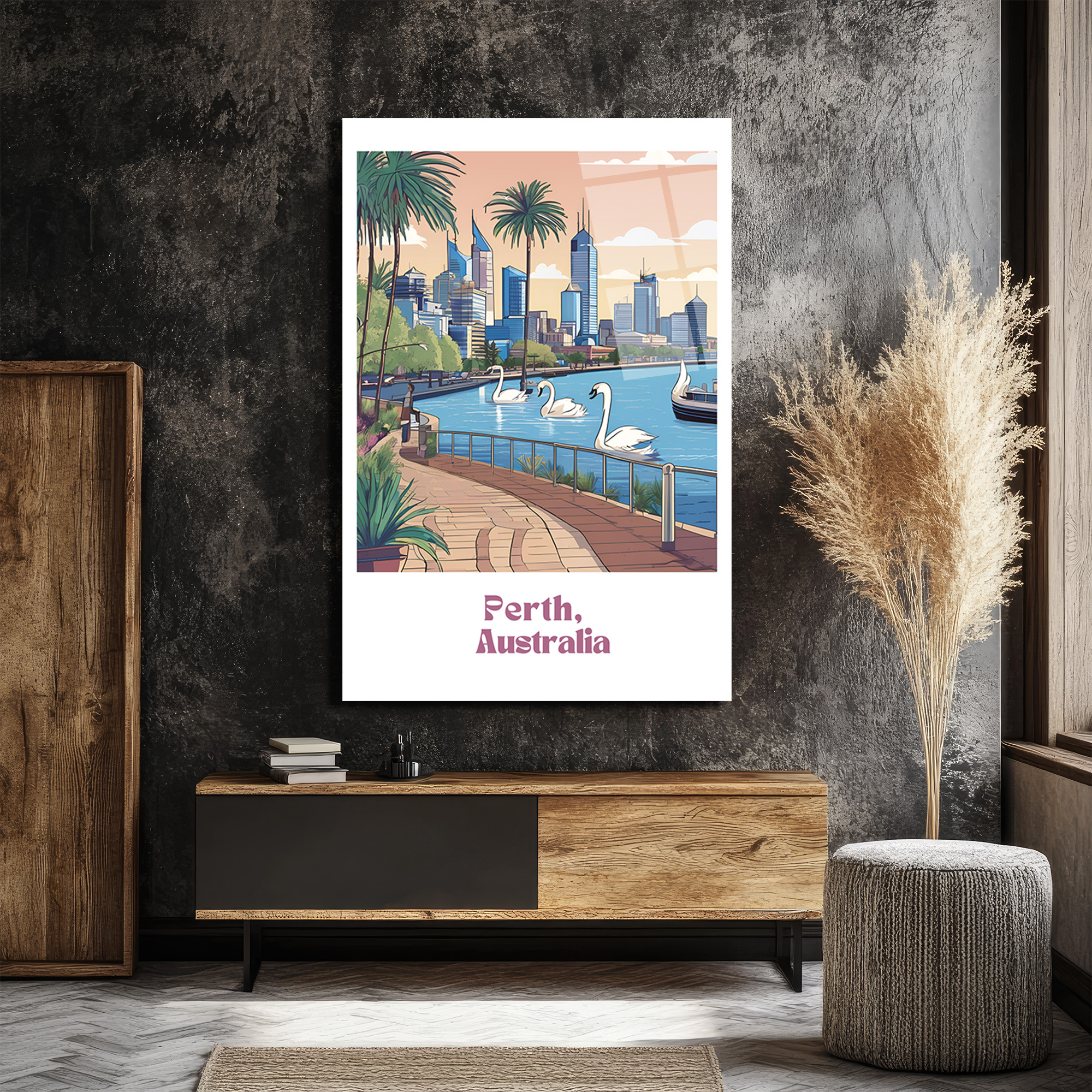 Perth Avustralya Şehir Manzarası Cam Tablo | Kuğu ve Palmiyelerle Modern Sanat - Glazella Perth Avustralya Şehir Manzarası Cam Tablo | Kuğu ve Palmiyelerle Modern Sanat - Glazella