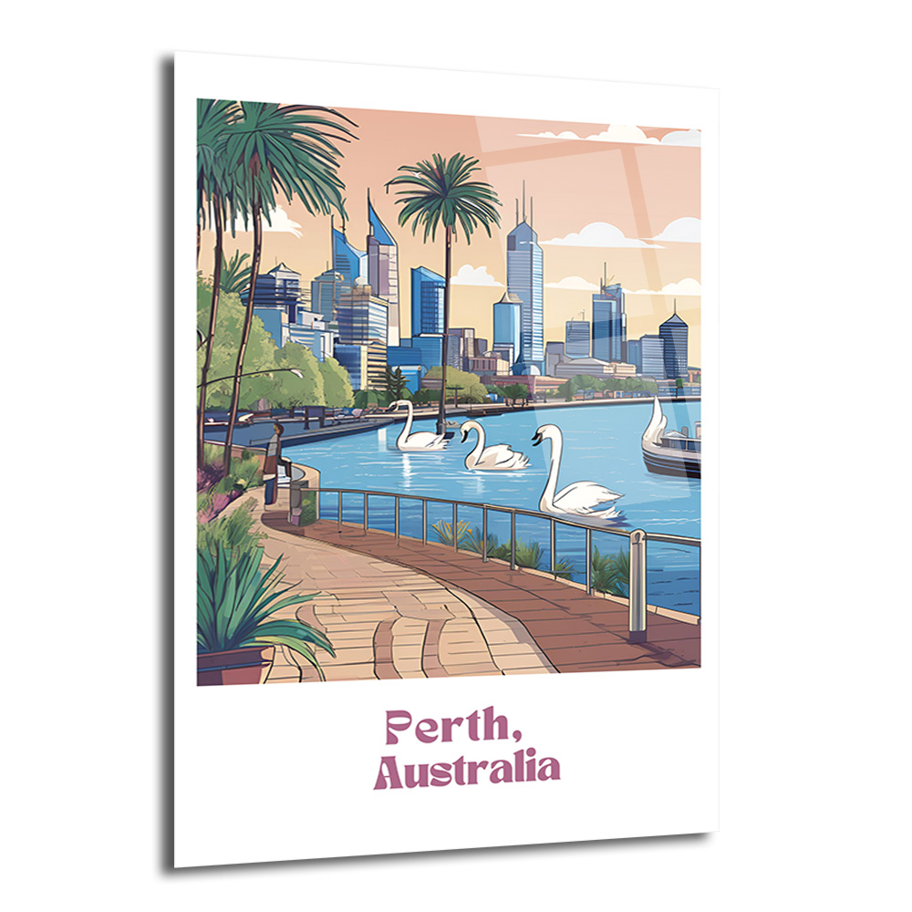 Perth Avustralya Şehir Manzarası Cam Tablo | Kuğu ve Palmiyelerle Modern Sanat - Glazella Perth Avustralya Şehir Manzarası Cam Tablo | Kuğu ve Palmiyelerle Modern Sanat - Glazella