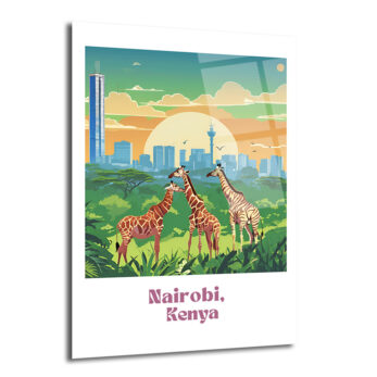 Nairobi Kenya Safari Şehri Zürafalar Temalı Cam Tablo - Glazella