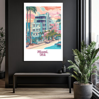 Retro Miami Sahil Manzarası Cam Tablo - Glazella Retro Miami Sahil Manzarası Cam Tablo - Glazella