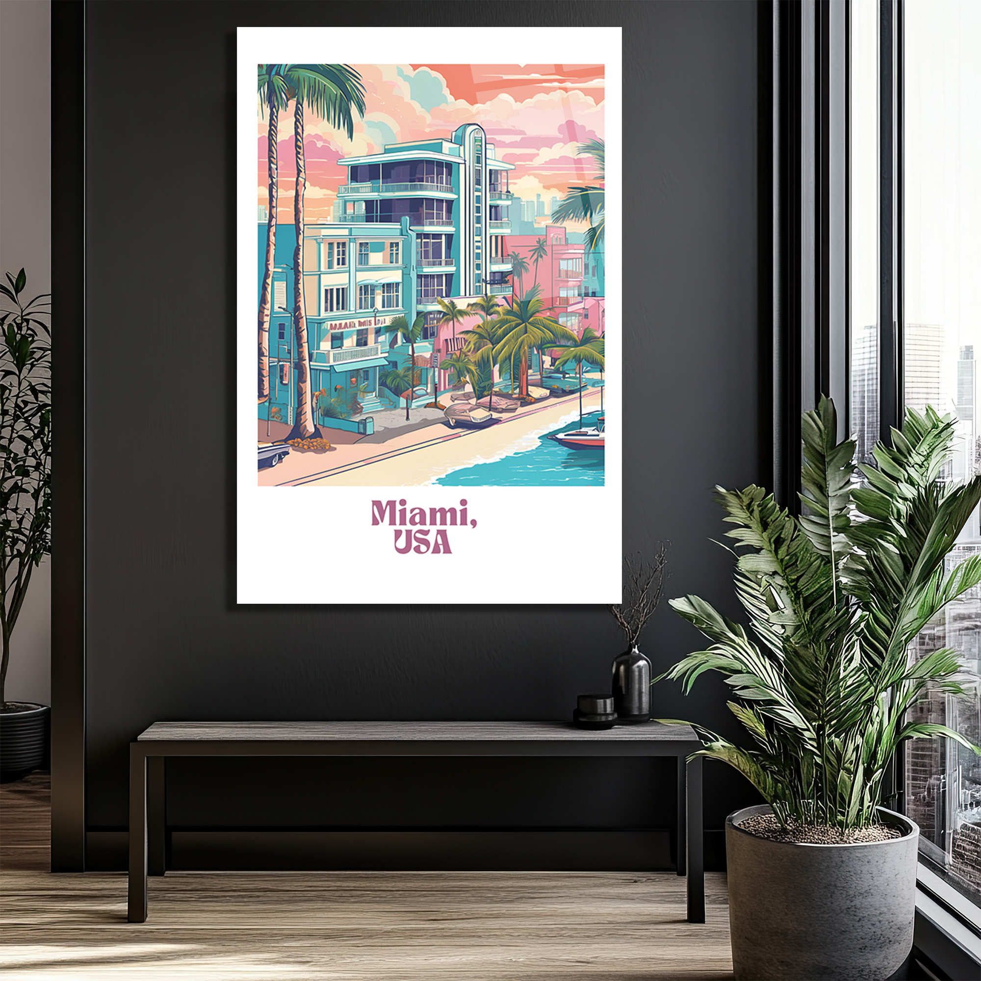 Retro Miami Sahil Manzarası Cam Tablo - Glazella Retro Miami Sahil Manzarası Cam Tablo - Glazella