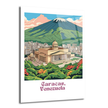 Vintage Caracas Venezuela Şehir ve Dağ Manzarası Cam Tablo - Glazella