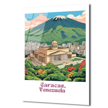 Vintage Caracas Venezuela Şehir ve Dağ Manzarası Cam Tablo - Glazella
