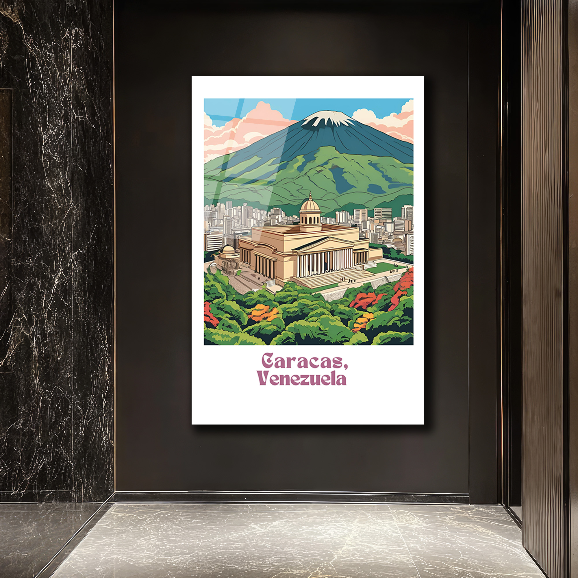 Vintage Caracas Venezuela Şehir ve Dağ Manzarası Cam Tablo - Glazella Vintage Caracas Venezuela Şehir ve Dağ Manzarası Cam Tablo - Glazella
