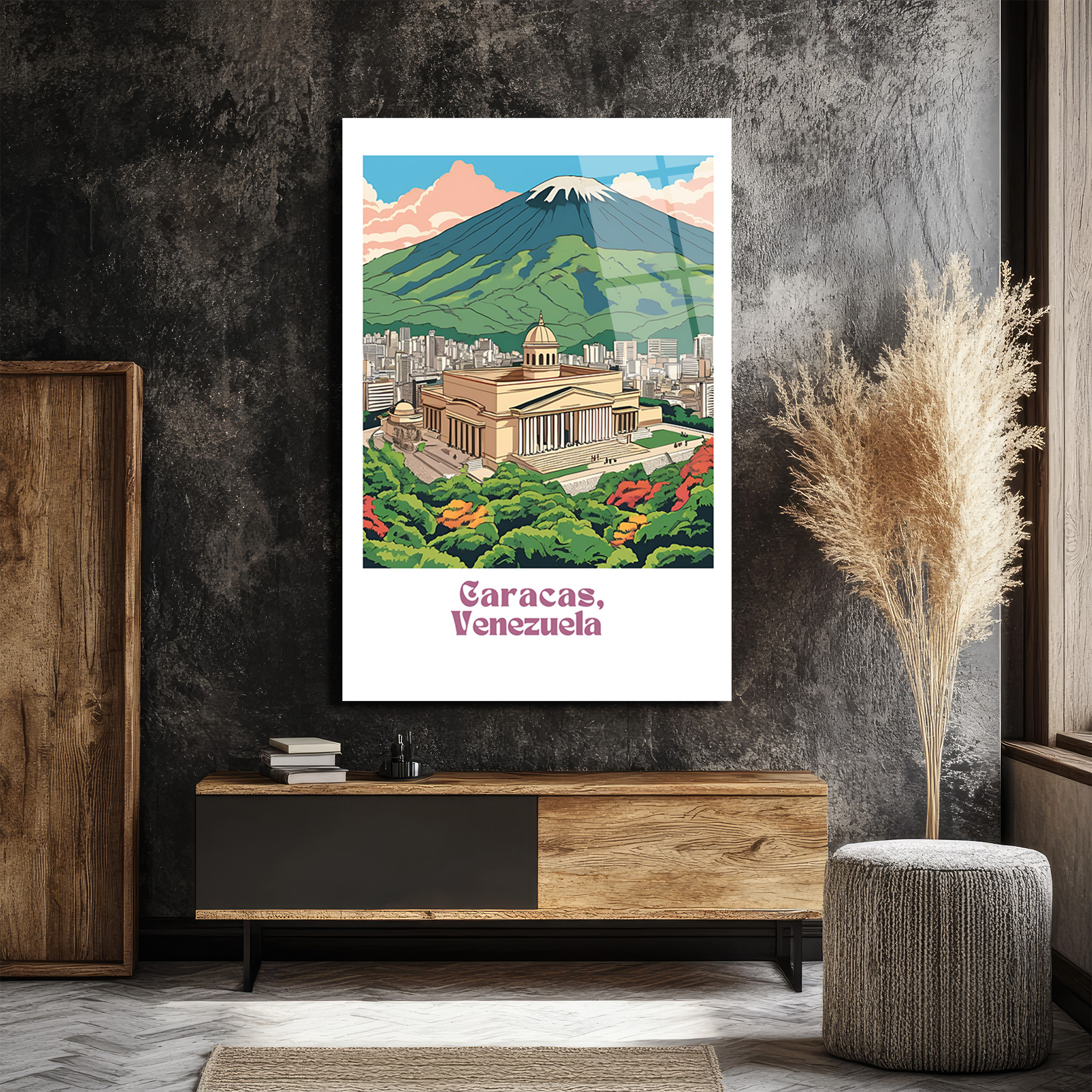 Vintage Caracas Venezuela Şehir ve Dağ Manzarası Cam Tablo - Glazella Vintage Caracas Venezuela Şehir ve Dağ Manzarası Cam Tablo - Glazella