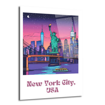 New York Şehir Manzarası Cam Tablo: Neon Işıklar ve Özgürlük Heykeli - Glazella