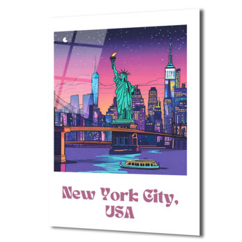 New York Şehir Manzarası Cam Tablo: Neon Işıklar ve Özgürlük Heykeli - Glazella